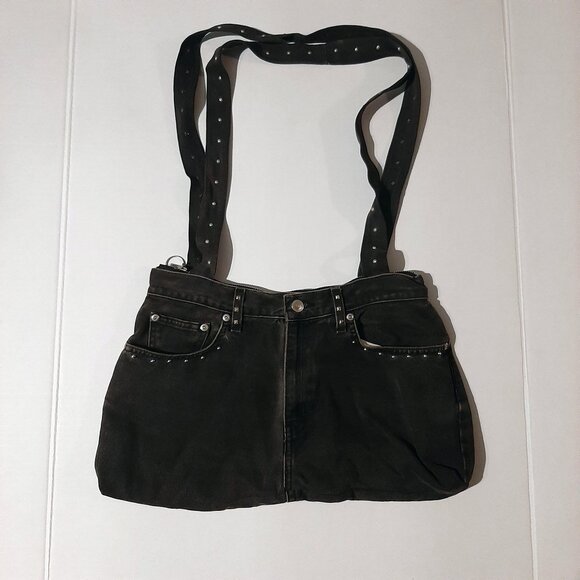 handmade shoulder bag purse made from black jeans chrome studs unique super cute - Picture 11 of 11